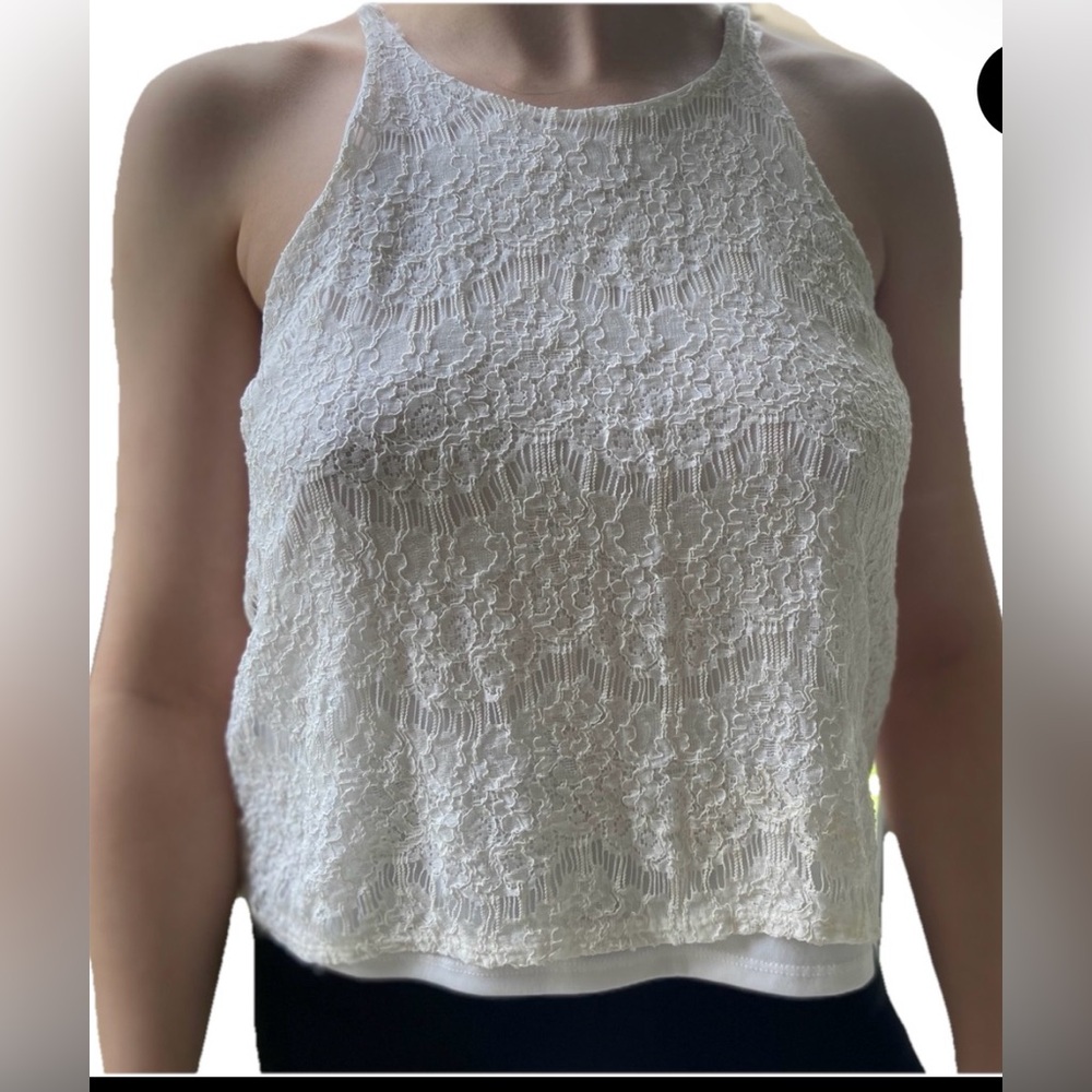 Monteau White High Neck Floral Lace Camisole Layered Tank Top Medium - Picture 2 of 13